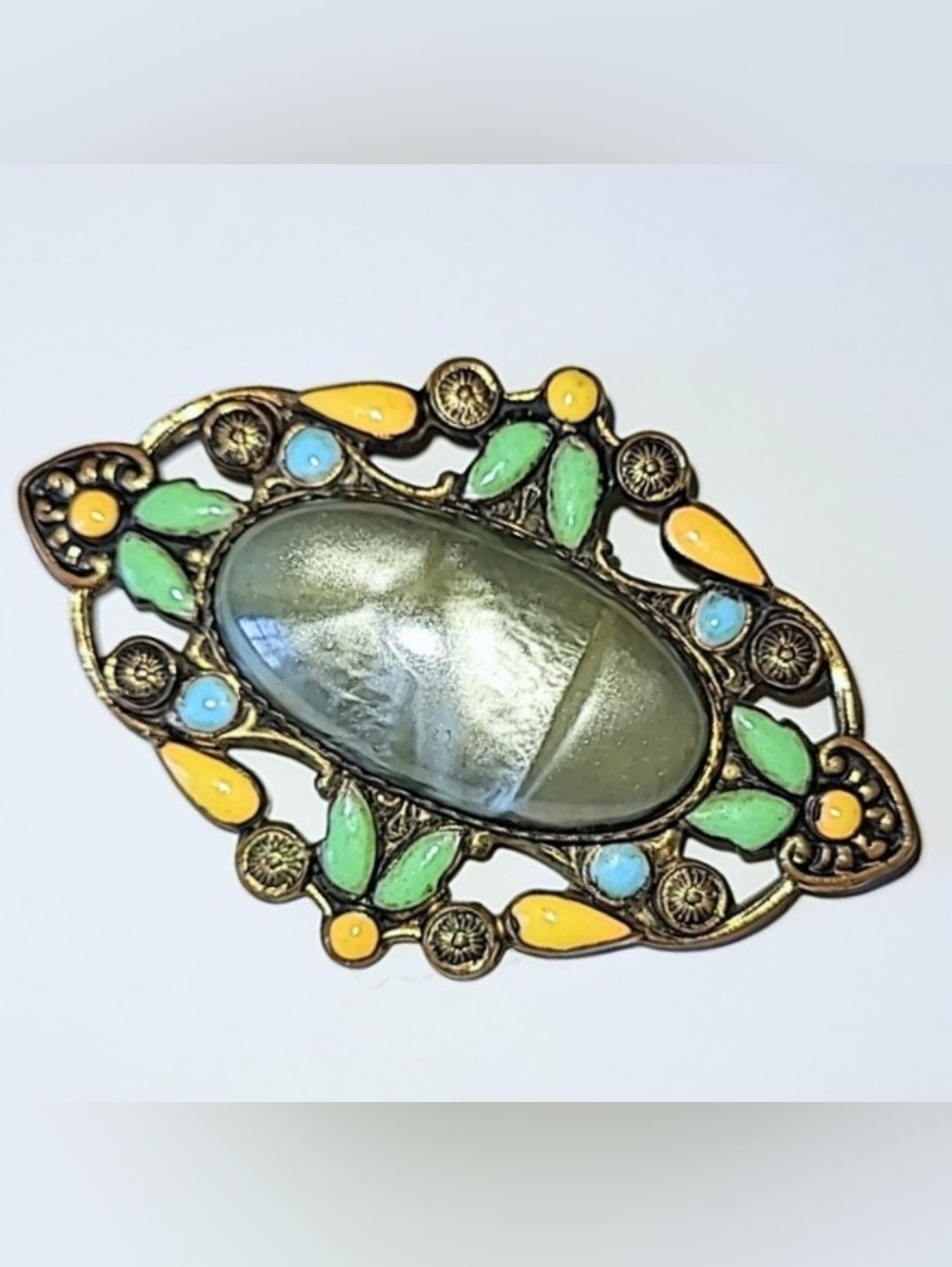 Antique Art Deco Brooch Celluloid & Enamel with C-catch